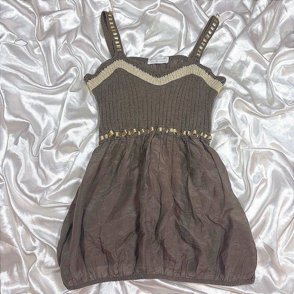 y2k Top Brown Excellent Extensive Silk Blend Knit Bubble Hem Gold Studs S